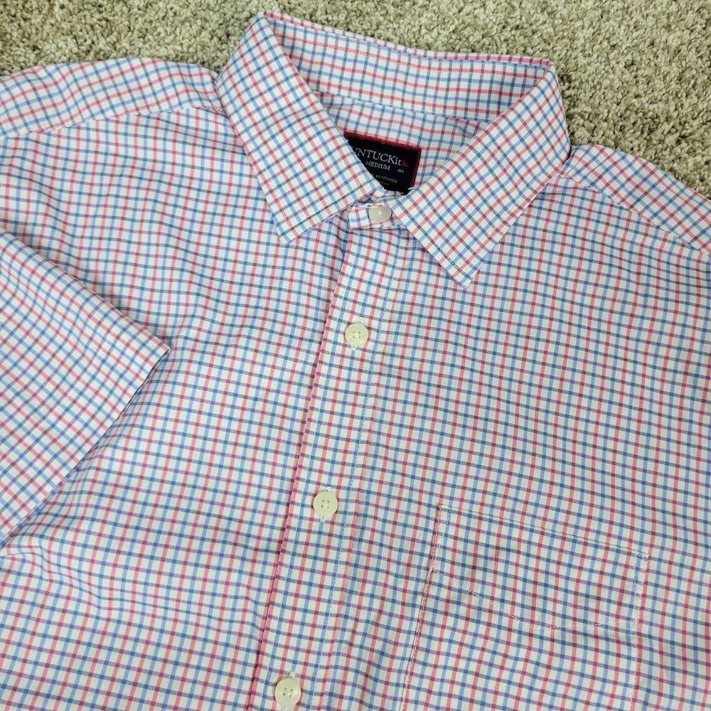 Untuckit Mens Medium White Red Blue Check Performance Stretch Button Up SS